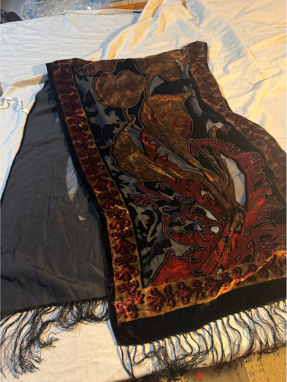 Vintage Velvet Floral Shawl Wrap with Beaded Detailing